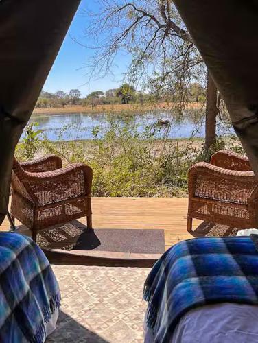 a view of a river from a tent with two benches at The Bell Frog Inn in Maun
