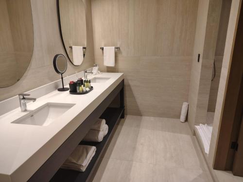 ein Badezimmer mit Waschbecken und Dusche in der Unterkunft Antaris Cintermex in Monterrey