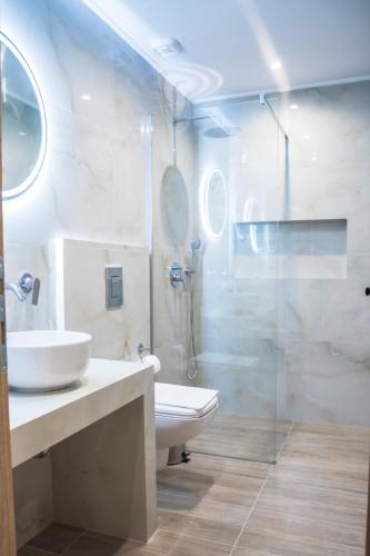 a bathroom with a sink and a toilet and a shower at Akrolithos apartments ground floor in Platy