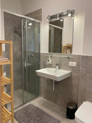 a bathroom with a sink and a shower at Apartment 225 in Forstau