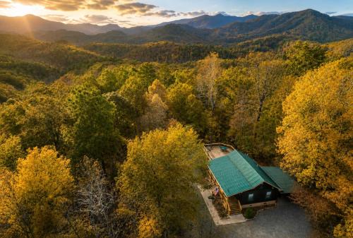 an aerial view of a house in the middle of a forest at Happy Top Hideaway in Bryson City