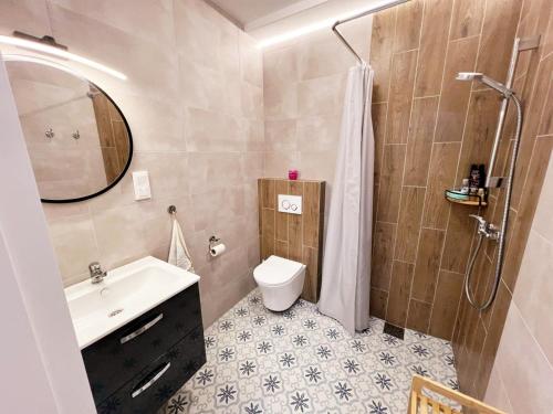 a bathroom with a sink and a toilet and a shower at Apartament Storczykowy in Frombork