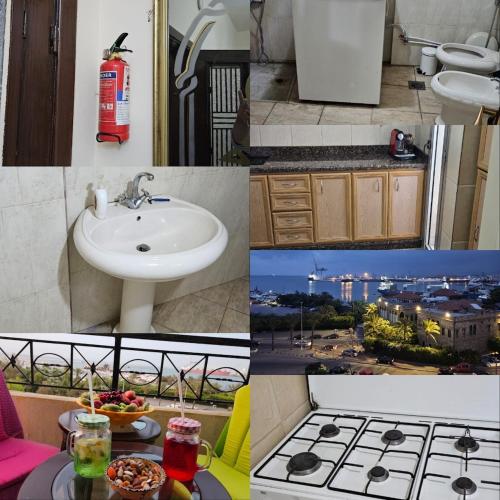 a collage of photos of a bathroom and a sink at Super sea promenade apartment in El Mîna