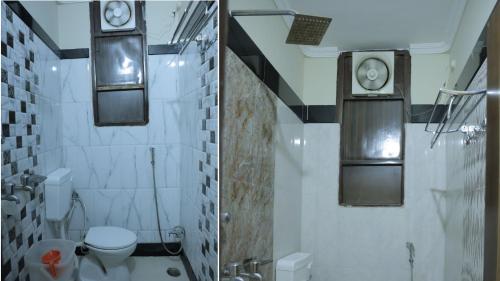 two pictures of a bathroom with a toilet at Shree Sanmat Guest House in Gwalior