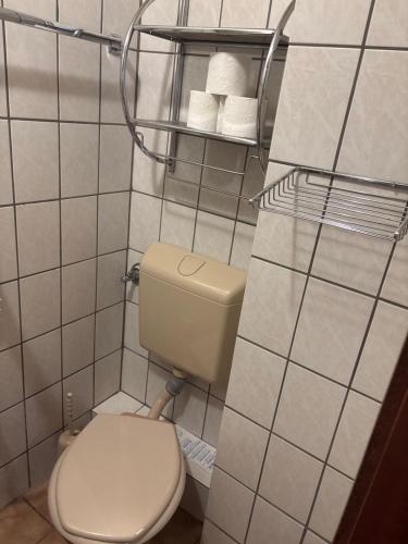 a bathroom with a toilet and some towels at Gutsweinschänke & Pension Müllers in Kröv