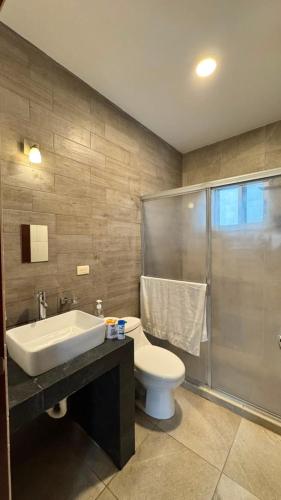 a bathroom with a toilet and a sink and a shower at Departamento moderno en Durango in Durango
