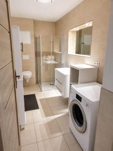 a bathroom with a washing machine and a shower at Landhaus Klein Markow in Jördenstorf