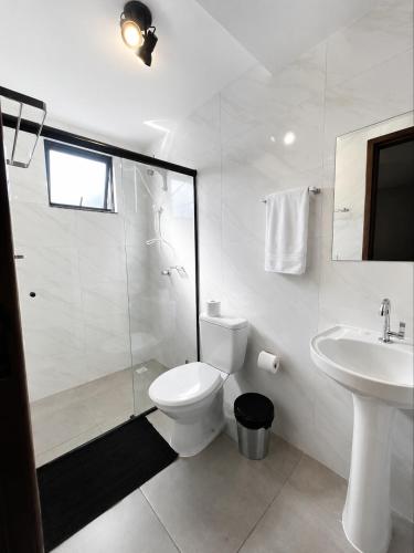 a white bathroom with a toilet and a sink at Pousada Estação Rio Branco in Votuverava