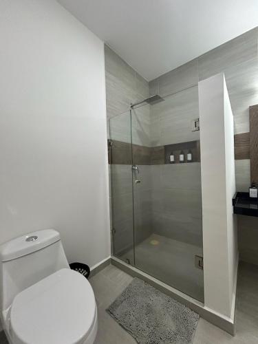 a bathroom with a toilet and a glass shower at Private pool house near the beach in Heroica Alvarado