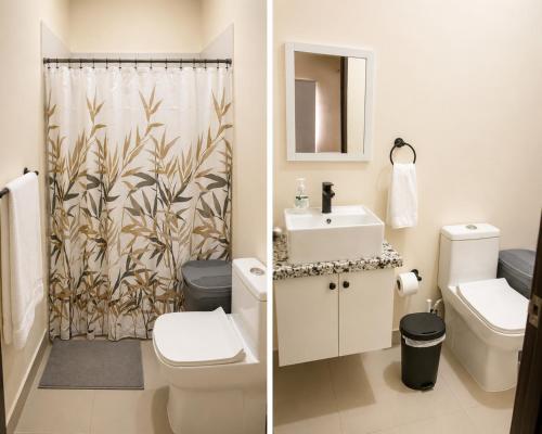 a bathroom with a toilet sink and a shower curtain at Eco Avalon Paradise Villa in Punta Cana
