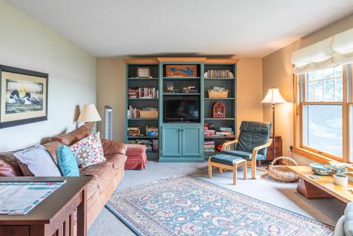 a living room with a couch and a tv at Gorgeous lakefront home w/ dock, canoe, kayaks & lake/forest views in Ellsworth