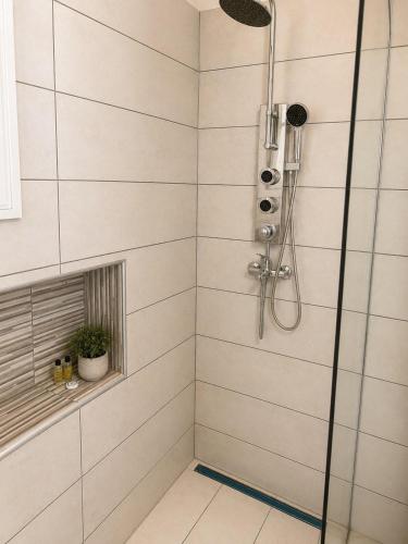 a bathroom with a shower with a glass door at Ioannis Appartements Glossa in Glossa