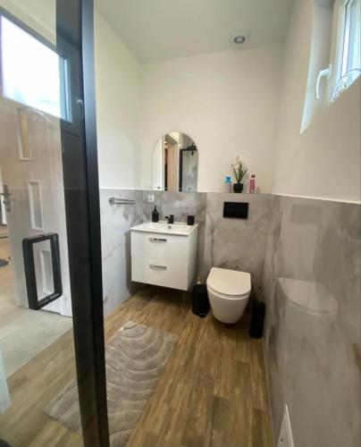 a bathroom with a toilet and a sink and a mirror at Wakacyjne relaksacyjnie in Szczytno