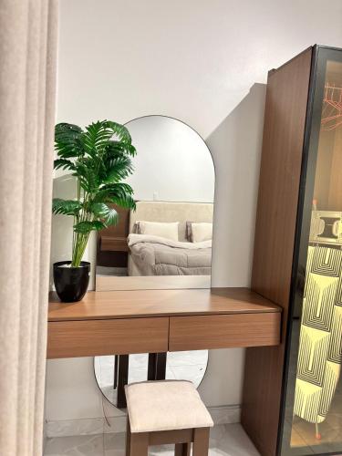 a dressing table with a mirror and a plant at Olive home in Al Khobar