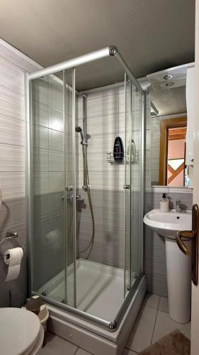 a bathroom with a shower and a sink at Balabani Local Stay in Podgorica