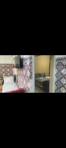 two pictures of a bedroom with a bed and a living room at Maison Bab boujloud in Fez