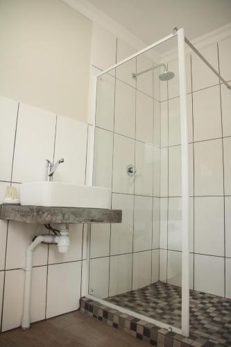 a bathroom with a shower and a sink at Olive Manor Guest House in Newcastle