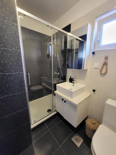 a bathroom with a shower and a sink and a toilet at Garden in Šibenik