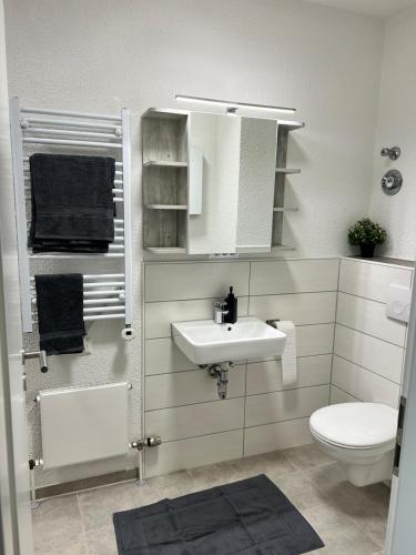 a bathroom with a sink and a toilet at Jagsttalglück in Neudenau