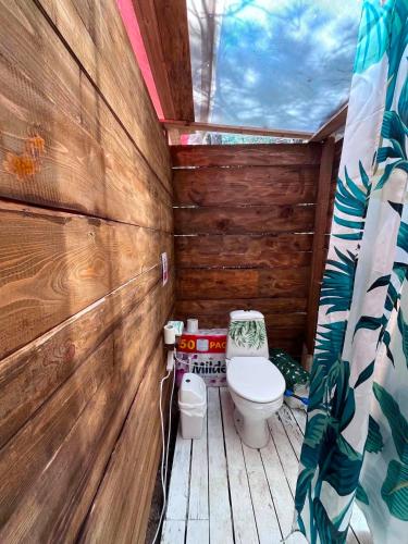a bathroom with a toilet and a wooden wall at Каравана Кукер in Sozopol