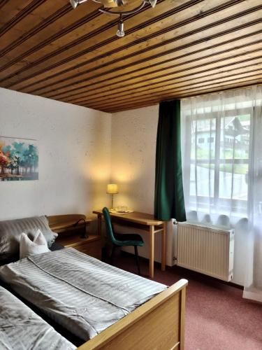 a bedroom with a bed and a desk and a window at Frühstück Pension by Anna in Rattenberg