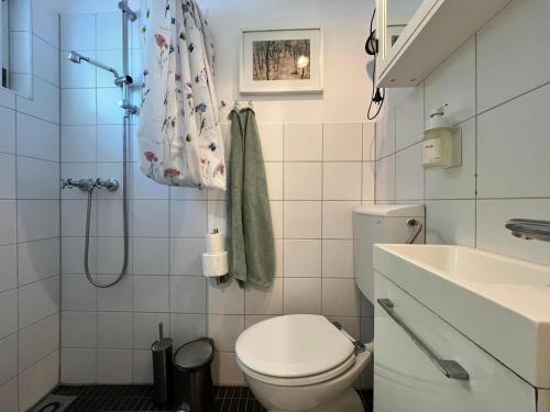 a small bathroom with a toilet and a sink at Bungalow Louise in Dobbertin in Dobbertin