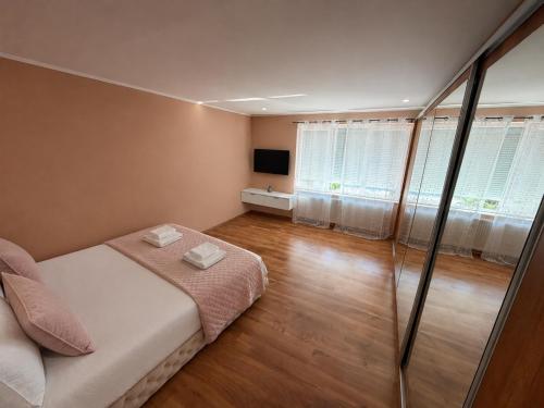 a small room with a bed and a television at Apartmani L&V in Kula