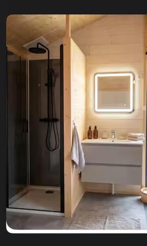 a bathroom with a shower and a sink at Cabanoù Lodge & Spa in Messanges