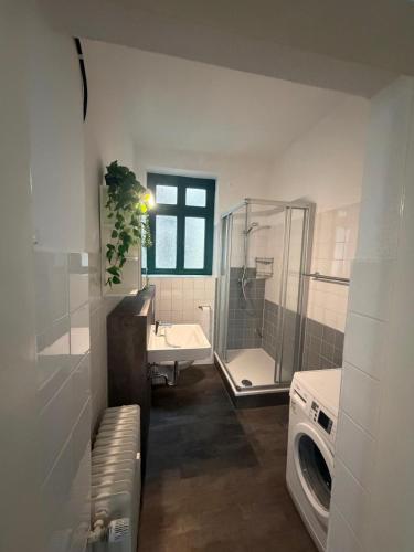 a bathroom with a shower and a washing machine at Holstentor Apartment in Lübeck