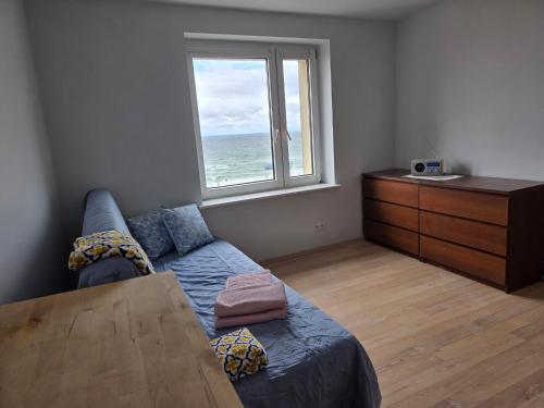 a living room with a couch and a window at Apartament Gruba Foka in Hel