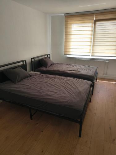 two beds in a bedroom with two windows at Schickes Apartment in Herten