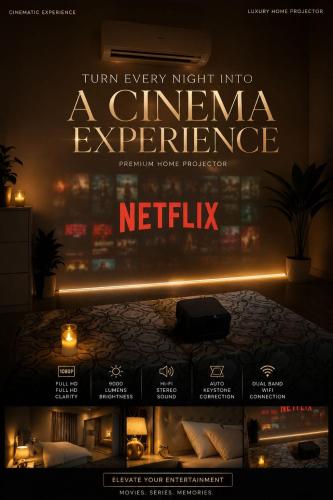 a poster for a cinema experience with a bed at غرف سكون Vip للأجار اليومي والاسبوعي in Al Khawḑ