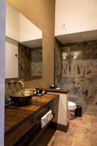a bathroom with a bowl sink and a toilet at Hacienda El Salitre Hotel & Spa in Querétaro
