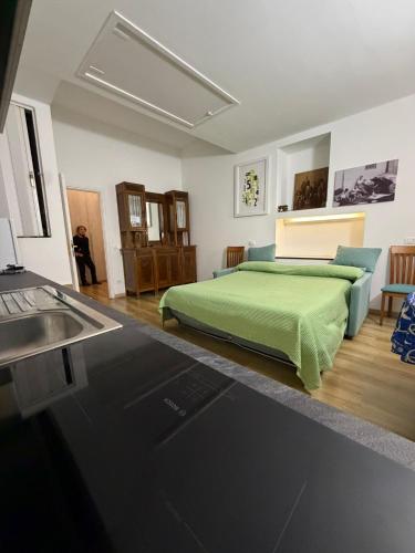 a bedroom with a green bed and a sink at Central Apartment Monterosso in Monterosso al Mare