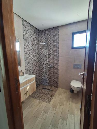a bathroom with a shower and a toilet and a sink at Dar sirine in Arkou