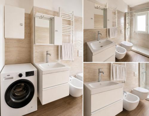 a bathroom with two sinks and a washing machine at Urban Rifugio - Camera privata con bagno vicino EUR in Rome