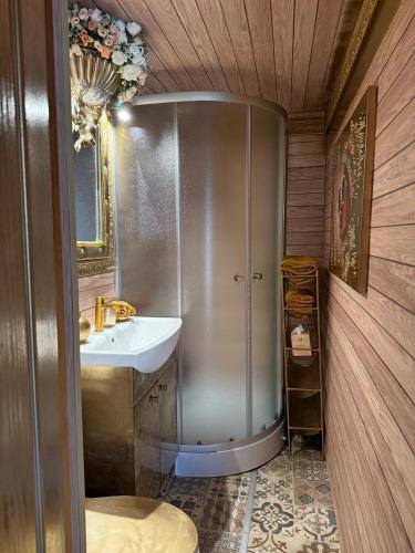 a bathroom with a shower and a sink at Couple Luxury Villa in Apšuciems