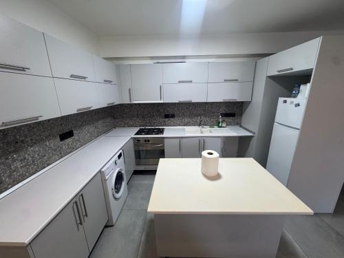 a kitchen with white cabinets and a roll of paper on a counter at Joy Residence- 3 bedroom apartment with balcony in Nicosia