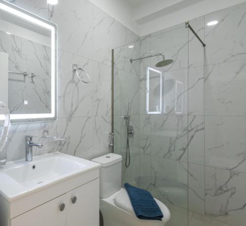 a bathroom with a shower and a toilet and a sink at Hotel Vathi in Ksamil