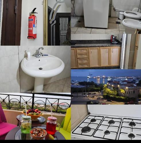 a collage of photos of a bathroom with a sink and a stove at Sea promenade Hostel Art Apartment in El Mîna