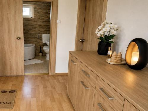 a bathroom with a vanity with a mirror and a toilet at Gunilak in Dombóvár