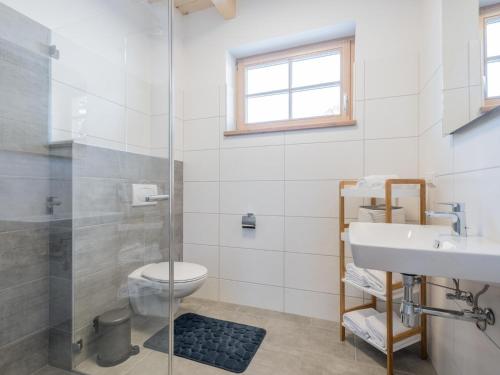 a bathroom with a shower and a toilet and a sink at Bergzauber in Donnersbachwald