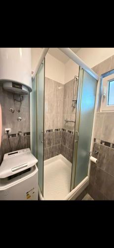 a small bathroom with a shower and a sink at Miković Apartments in Herceg-Novi