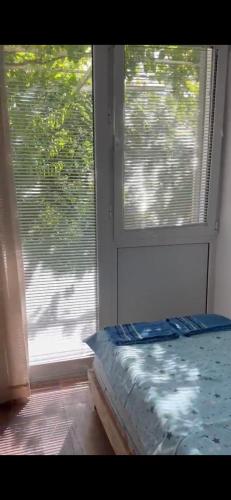 a bed in front of a window in a room at Miković Apartments in Herceg-Novi