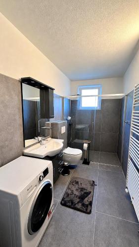 a bathroom with a washing machine and a sink at Four Rooms Allgäu Apartment in Wangen im Allgäu