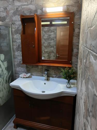 a bathroom with a sink and a mirror at Moorea Lodge Arii in Afareaitu