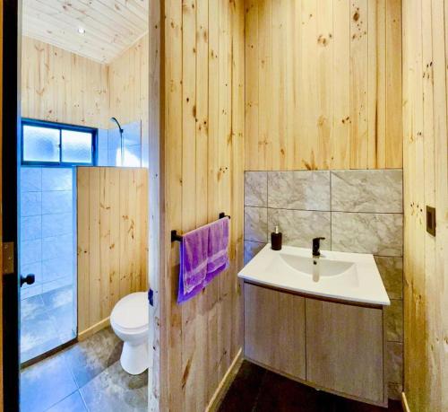 un baño con lavabo e inodoro en Kahuna Surflodge, en Pichilemu