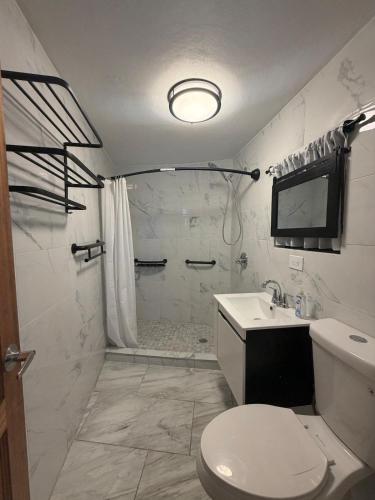 a bathroom with a shower and a toilet and a sink at Villadeco Escape, Gated Cottage with Generator in West End