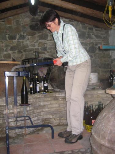 a woman is pouring wine into a wine glass at Flora's House in Spilia