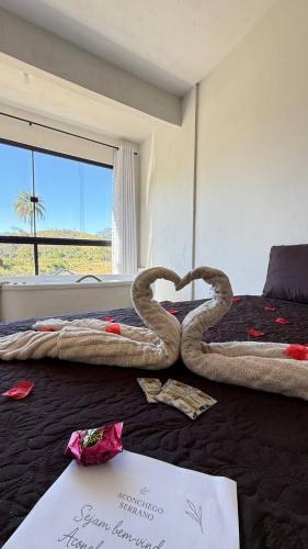 a bedroom with two swans making a heart on a bed at Aconchego Serrano com banheira in Paty do Alferes